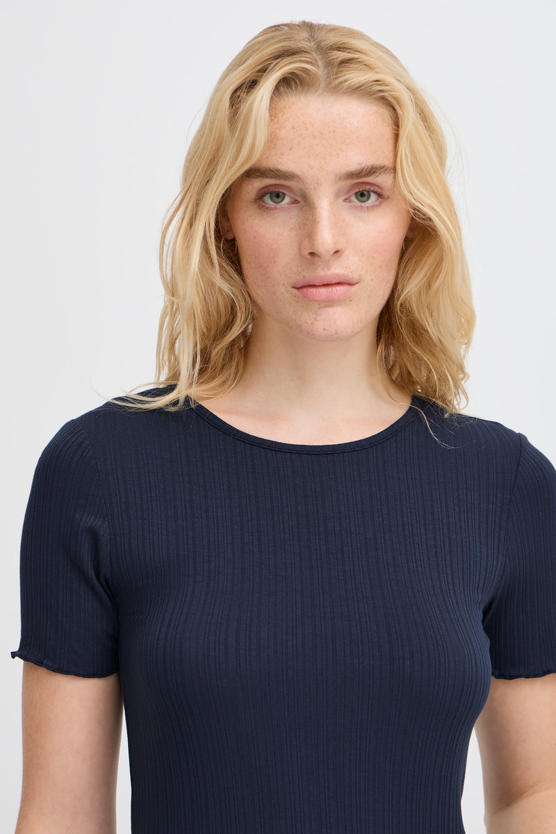 ICHI Cella Navy Ribbed Top