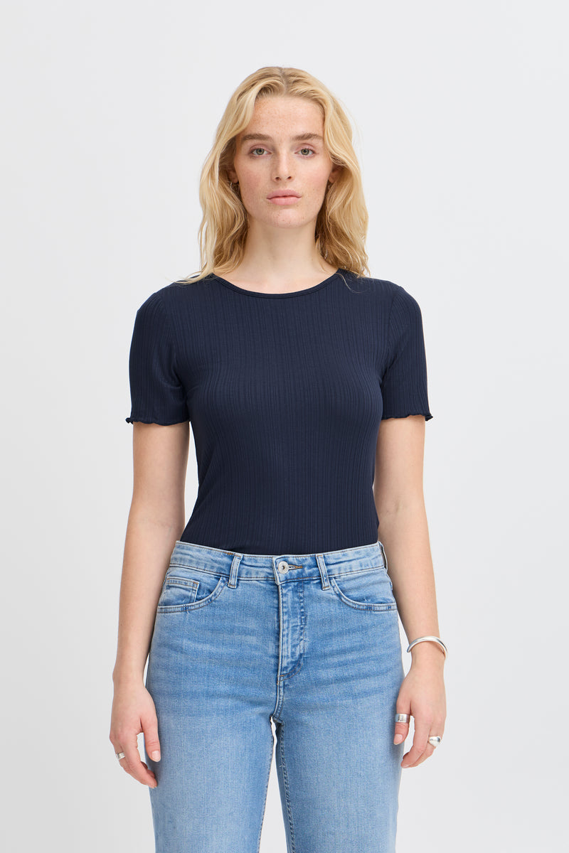 ICHI Cella Navy Ribbed Top