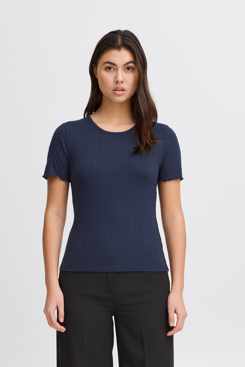 ICHI Cella Navy Ribbed Top