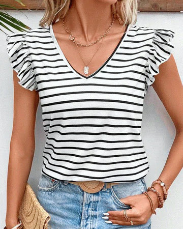 Evie Black & White Stripe Frill Top