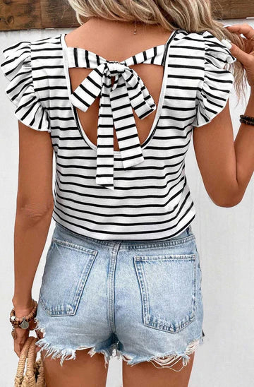 Evie Black & White Stripe Frill Top