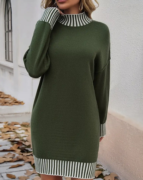 Khaki & White Ribbed Jumper Dress