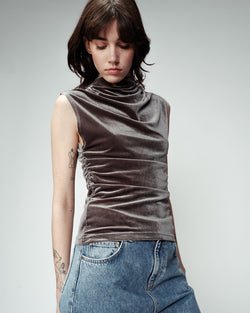 Grace & Mila - Grey Velvet Ruched Top