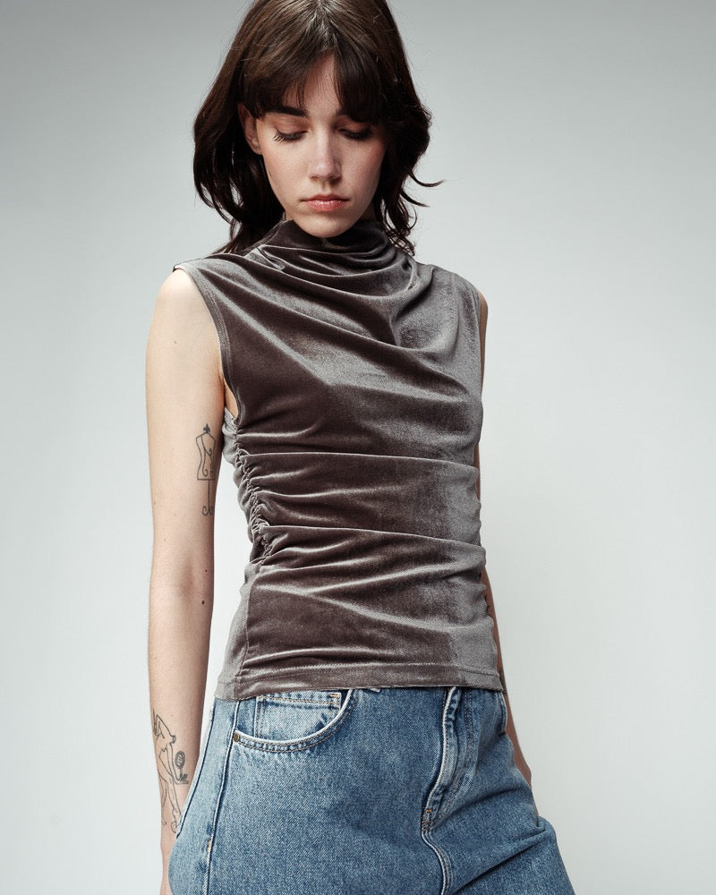 Grace & Mila - Grey Velvet Ruched Top