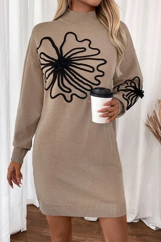 Camel Flower Embroidery Knit Jumper Dress