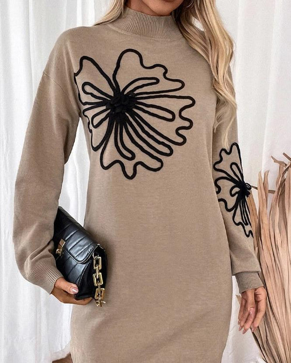 Camel Flower Embroidery Knit Jumper Dress