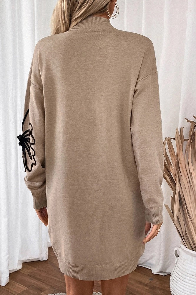 Camel Flower Embroidery Knit Jumper Dress