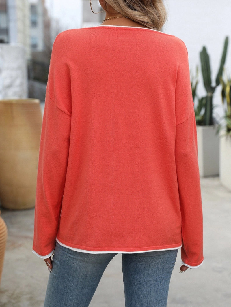 Coral Contrast Knit Top