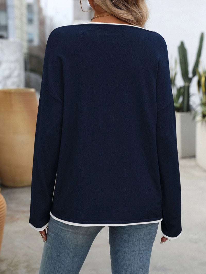 Navy Contrast Knit Top