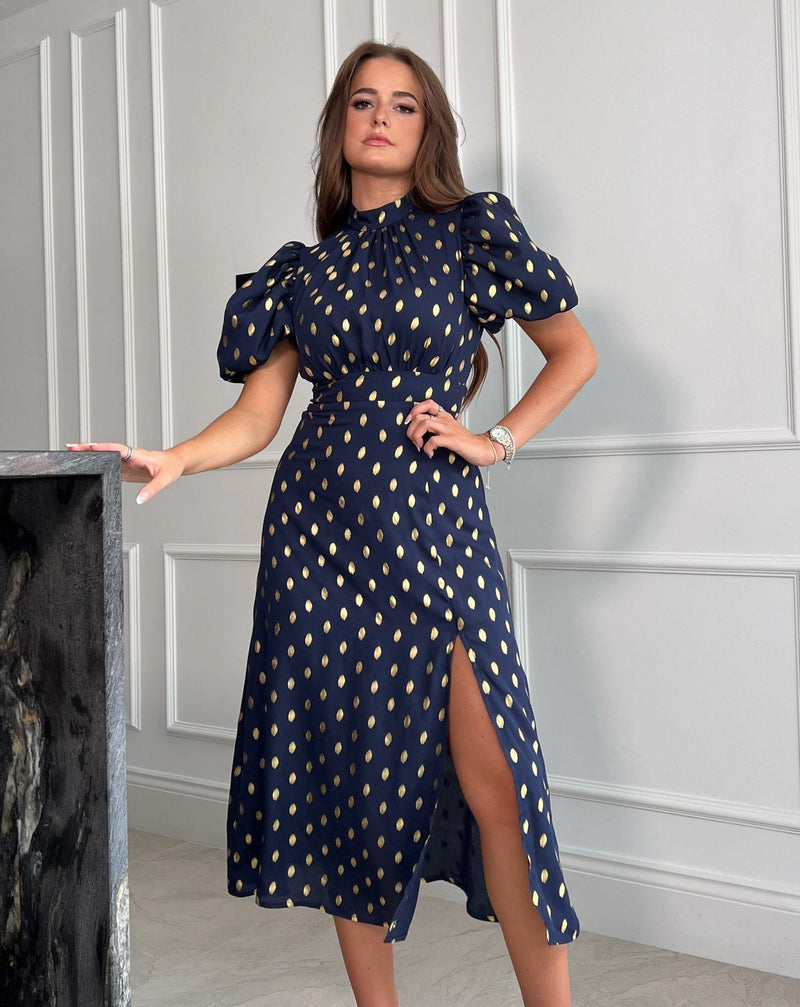 Lilith Navy & Gold Puff Sleeve Midi Dress