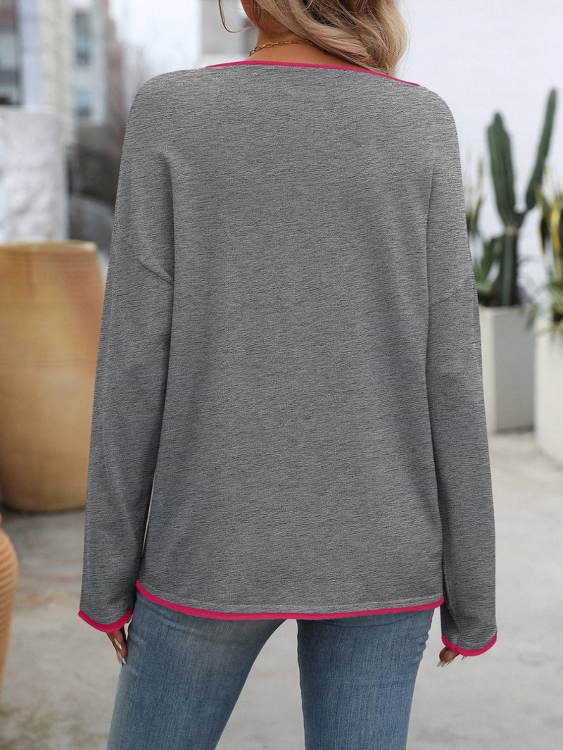 Grey & Pink Contrast Knit Top