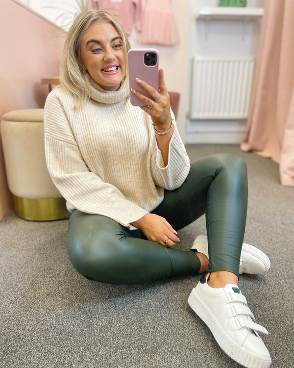 Khaki Leather Look Pu Leggings