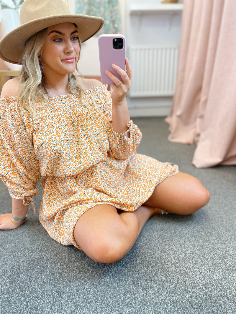 Orange Floral Off The Shoulder Dress